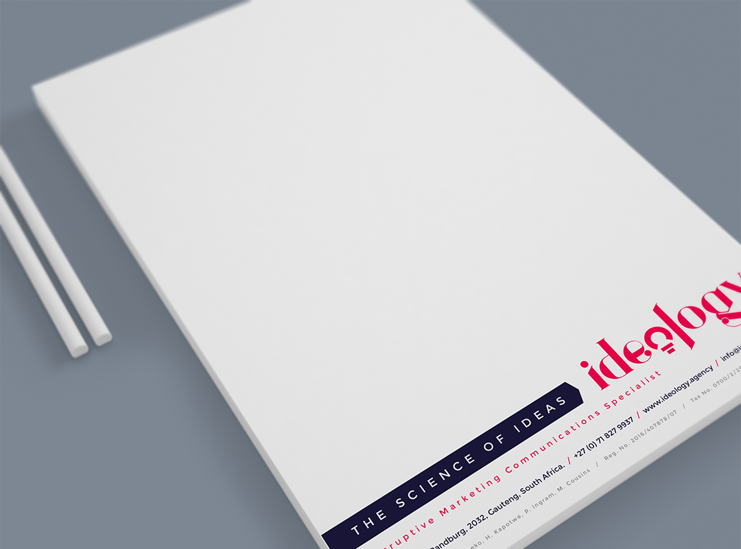 Ideology Collateral Mockup 3 showing branded printed collateral with photographs, typography and structured editorial content.