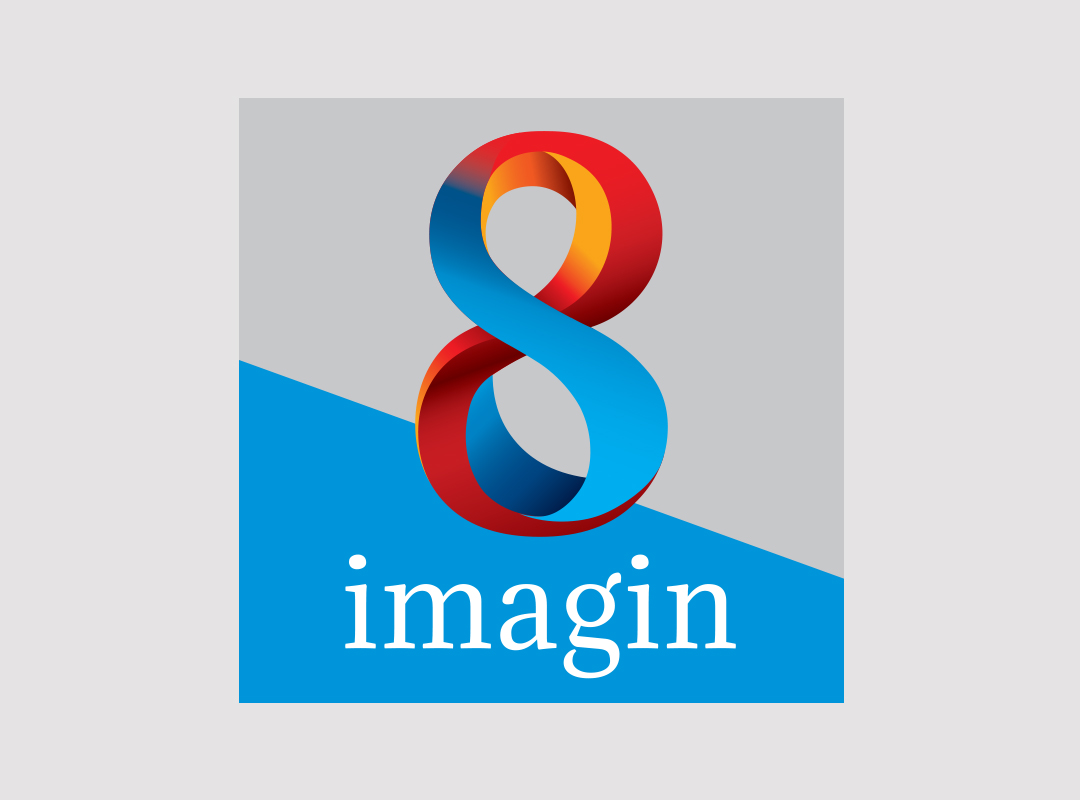 Imagin8 logo identity mockup showing the colourful number 8 mark and wordmark applied to printed brand materials.
