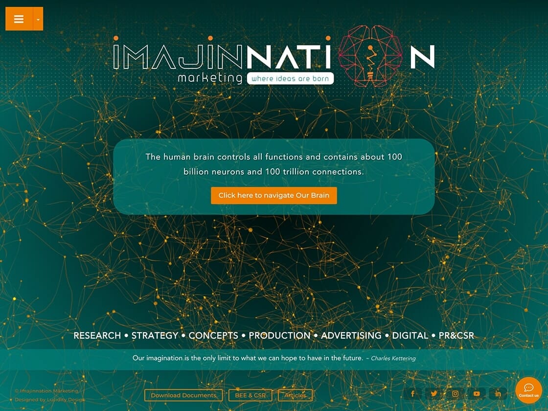 Website homepage for "Imajin Nation Marketing" features a neural network graphic as background, central text box states "The human brain controls all functions and contains about 100 billion neurons and 100 trillion connections." A yellow "Click here to navigate Our Brain" button is displayed.