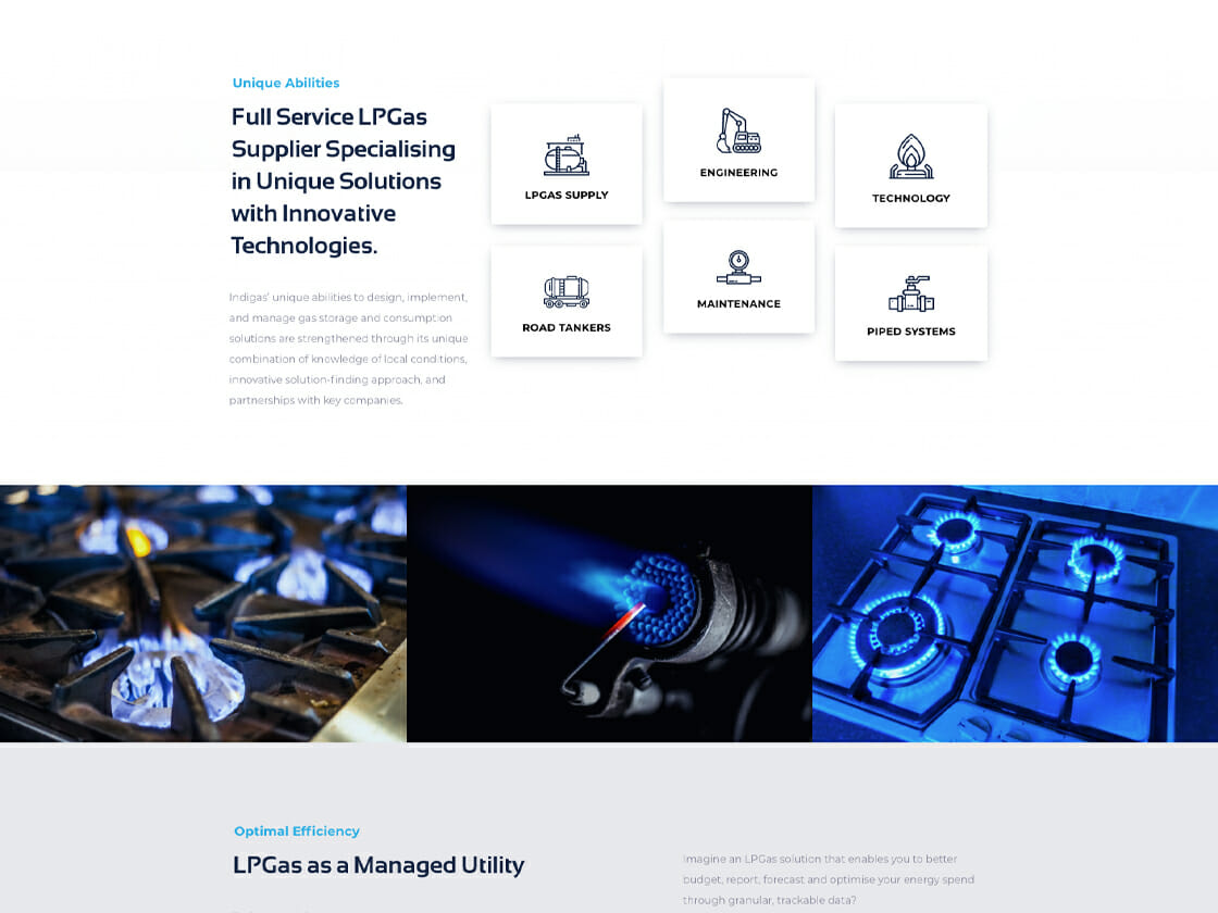 A website section showcasing Indigas's LPG services and efficiencies with accompanying icons and images of gas flames and a gas burner.