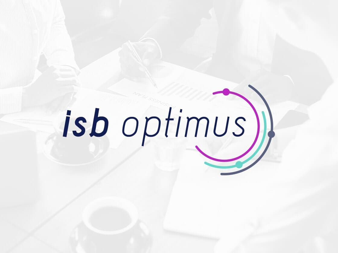Three people at a table are collaborating over documents and a laptop. The words "isb optimus" are prominently displayed over the image. The logo features modern, colorful curved lines in purple, teal, and green, intersecting around the text. The background is in grayscale.