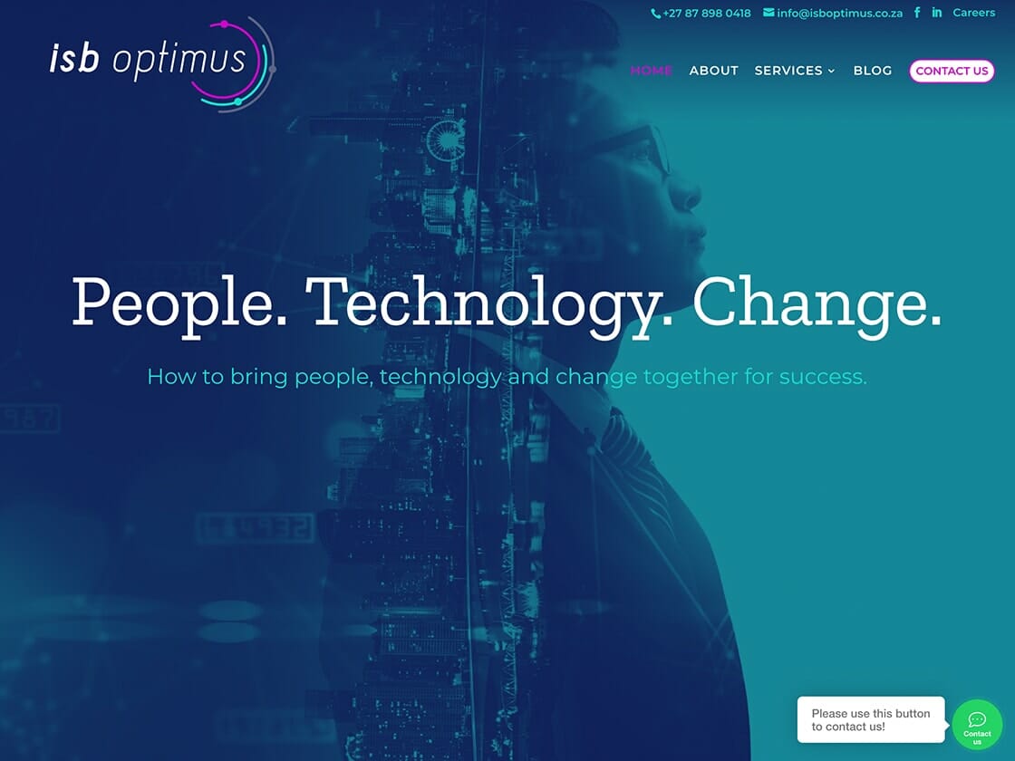 Website landing page for ISB Optimus. The banner features a person in glasses superimposed with cityscape and technological graphics. Text overlays include the company's name, contact details, navigation links, and a headline: "People. Technology. Change." A button reads: "Please use this button to contact us!.
