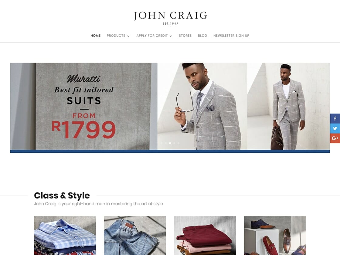 Website screenshot of "John Craig". Banner features a model in a light gray suit with text: "Muratti: Best fit tailored SUITS FROM R1799". Below, the website reads: "Class & Style - John Craig is your right-hand man in mastering the art of style," accompanied by images of folded clothing, shoes, and accessories.