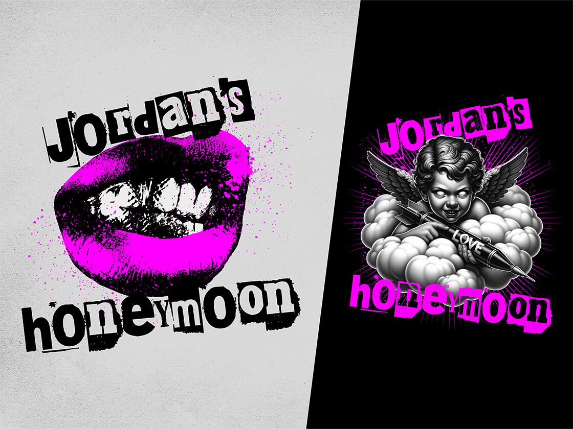 Split image with two designs: the left side features pink lips with visible teeth and "Jordan's honeymoon" in distressed black and white text, resembling a band logo. The right shows a winged cherub on a cloud with "Jordan's honeymoon" in pink and gray, alongside "love" in bold black letters.