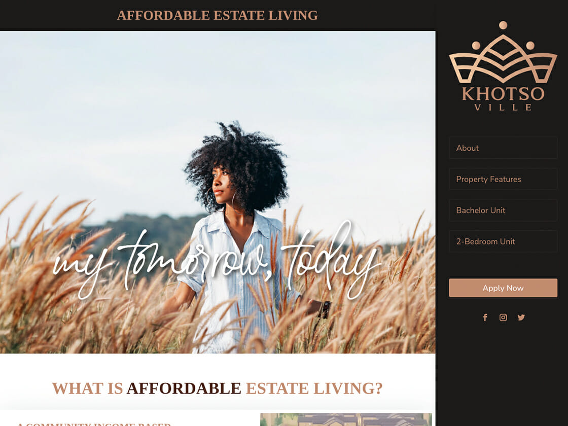 Woman standing amidst tall grasses with promotional text for an estate living community.