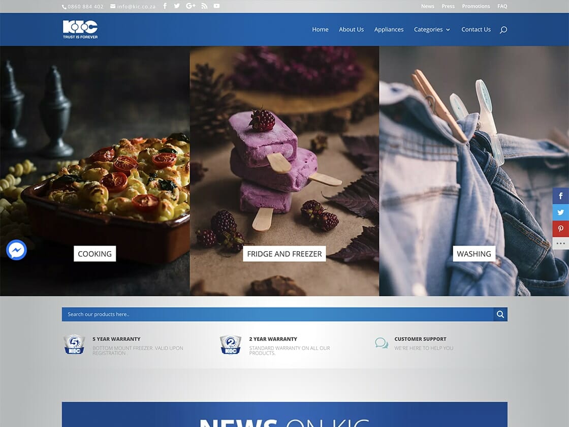 A home appliance website's homepage features three categories: Cooking, Fridge and Freezer, and Washing. Cooking shows a baked dish, Fridge and Freezer displays purple popsicles, and Washing highlights clothespins on fabric. The top menu of this KIC website includes Home, About Us, Appliances, Categories, and Contact Us options.