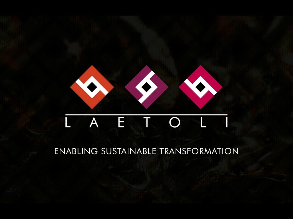 Graphic Laetoli logo animation with the text "laetoli - enabling sustainable transformation" on a dark, textured background.