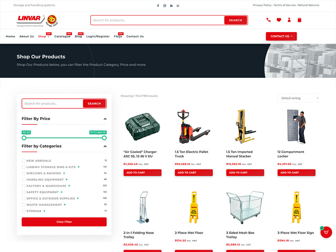 A screenshot of a Linvar website page displaying various industrial tools and equipment for sale, including a drill charger, an electric paint sprayer, material lifter, and more, with filtering options on the
