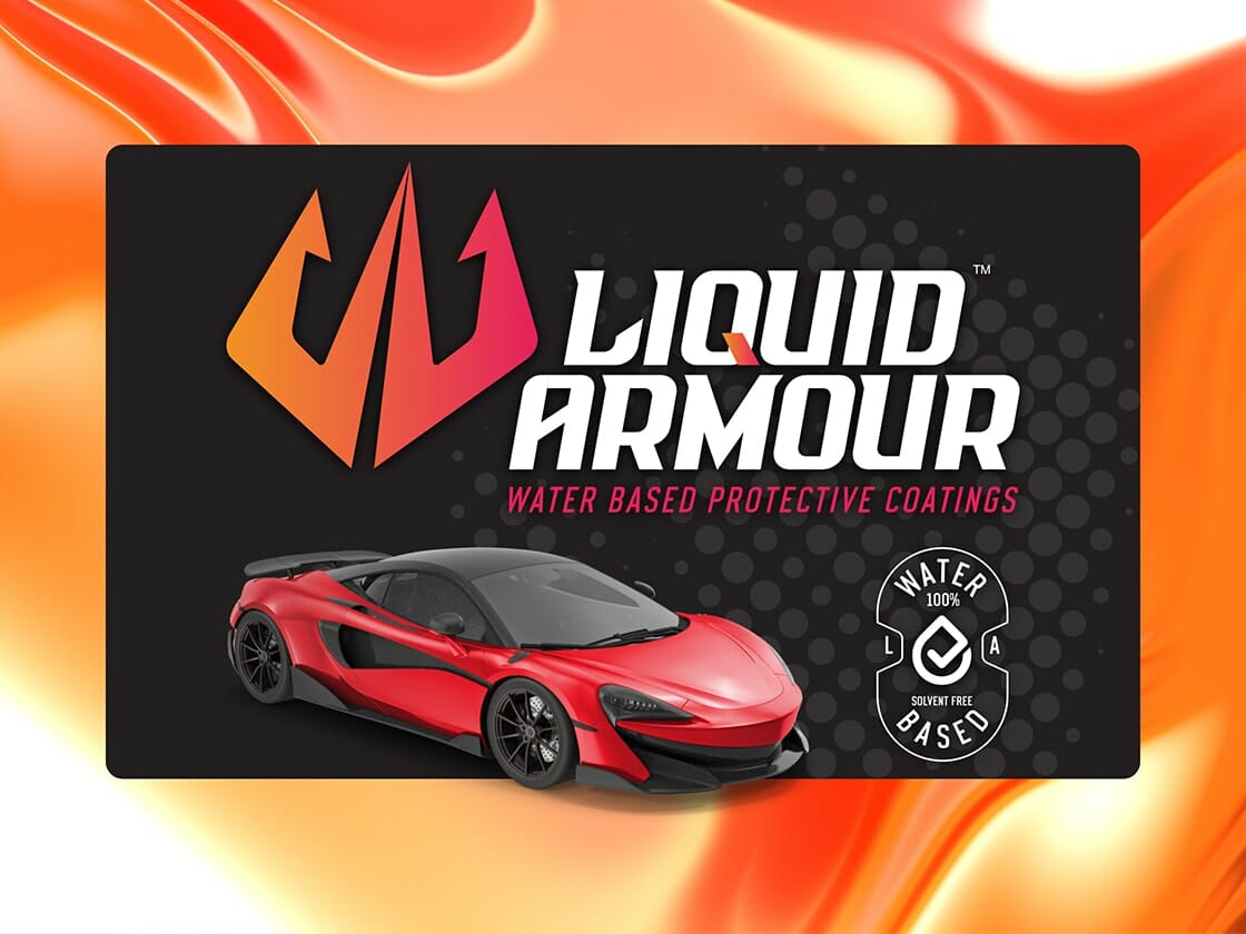 Promotional graphic for "liquid armour" water-based protective coatings featuring a red sports car.