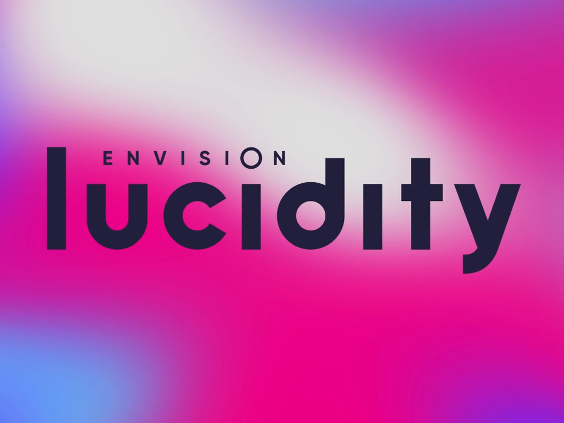 A vibrant, blurred gradient background with pink, purple, blue, and white hues. Bold black text at the center reads "LUCIDITY," resembling a sleek logo design. Above it, smaller text states "ENVISION." The overall look is modern and eye-catching, evoking a dreamy and abstract feel.
