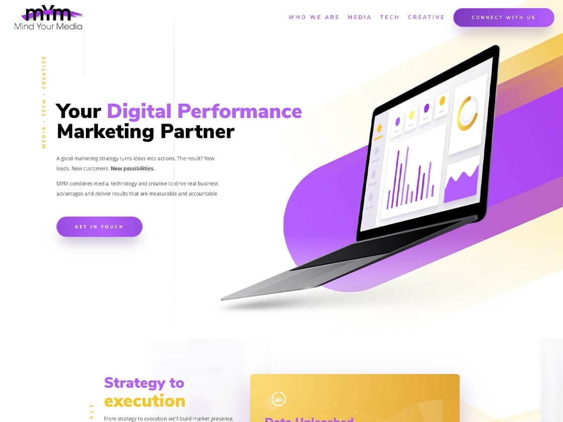 A vibrant homepage design for a digital media marketing agency highlighting their services with engaging graphics and a call-to-action button, emphasizing media management.