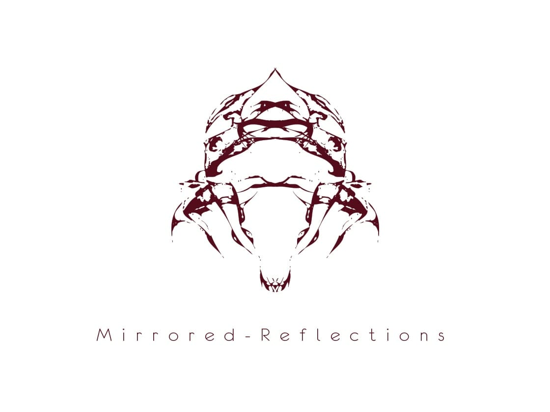 Abstract design in dark red ink featuring symmetrical, mirrored shapes resembling a fusion of organic and geometric forms. The shapes form a central figure that could be interpreted as animalistic. Below the design, text reads: "Mirrored-Reflections." The background is white.