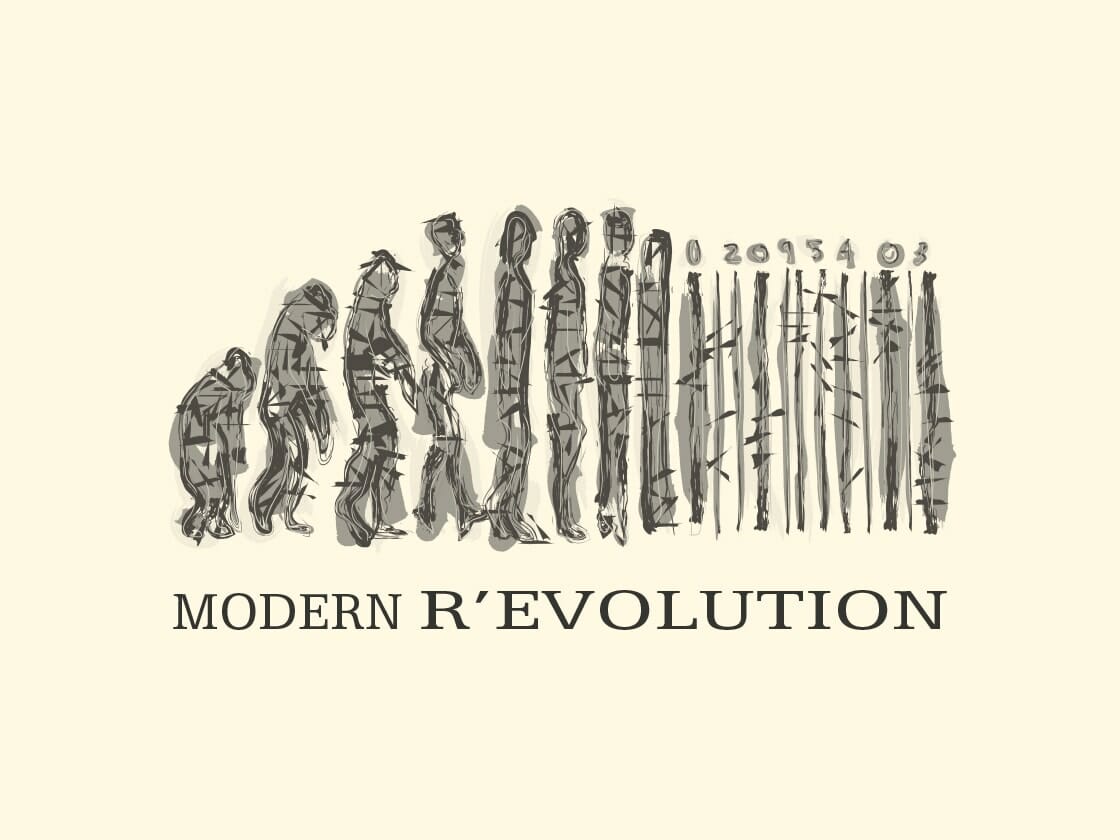 A sketch illustrates human evolution stages, starting from an ape-like figure on the left to a modern human. The progression merges into barcode lines, signifying modern consumerism. Beneath the sketch, the text reads "MODERN R'EVOLUTION" with "R" and "EVOLUTION" in different shades.