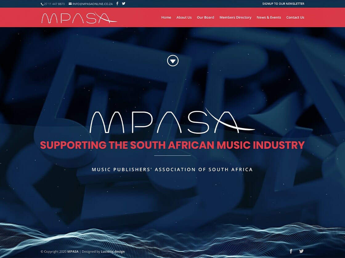 The Music Publishers’ Association of South Africa (MPASA) website features a blue background with abstract musical notes and the MPASA logo at the top. The text reads, "Supporting the South African Music Industry." Navigation links and social media icons are conveniently placed at the top.