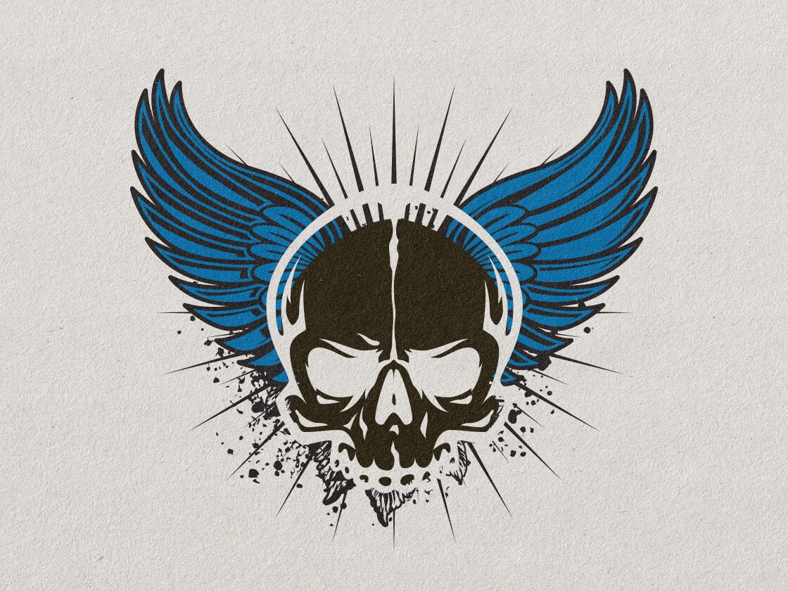 Illustration of a skull with blue wings and a circular halo on a textured background.