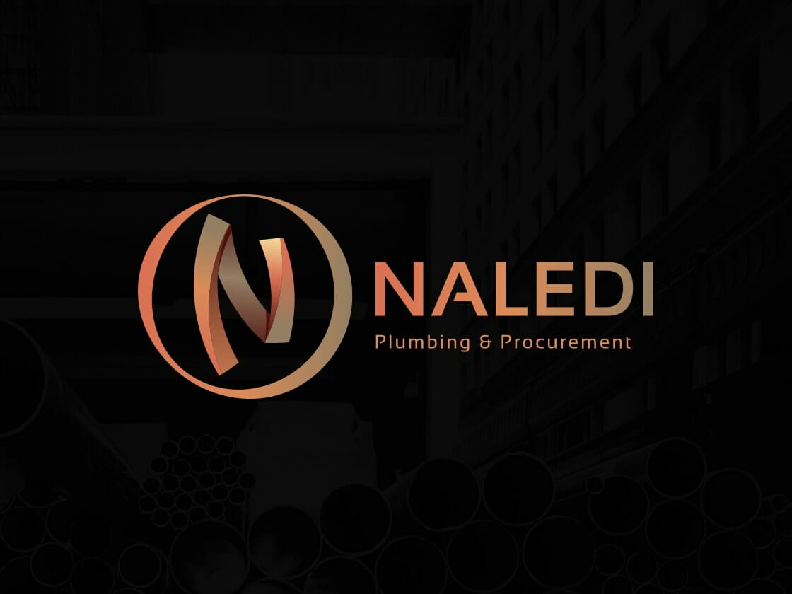 A logo features a stylized, intertwined "N" in a gradient of copper tones within a circle. To the right, the text "NALEDI" is in bold, followed by "Plumbing & Procurement" in smaller text beneath it. The background is dark with faint, silhouetted industrial elements.