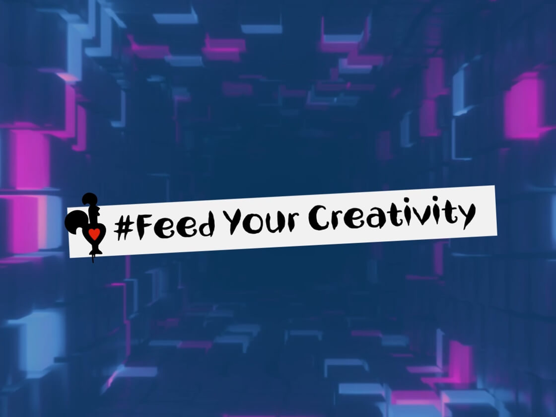 A dark, digital tunnel with glowing blue and pink squares surrounds the bold text "#FeedYourCreativity" in the center. A silhouette of a rooster adds flair, hinting at Nando's creative takeaways.