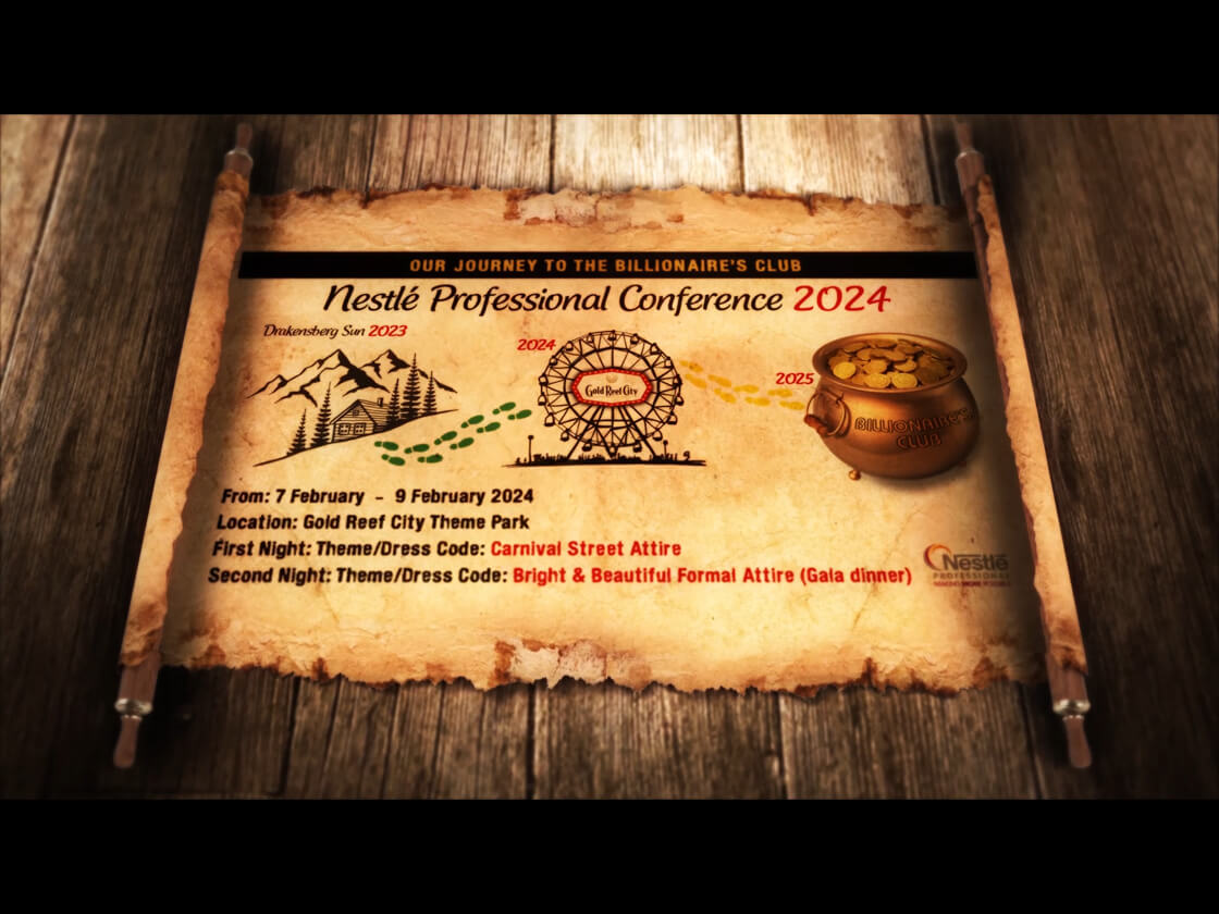A vintage-style invite scroll rests on a wooden surface, showcasing "Nestlé Professional Conference 2024." Illustrated paths wind from a mountain (2023) to a golden pot marked "Gold." Details list event dates, location, and dress codes: "Carnival Street Attire" and "Bright & Beautiful Formal Attire.