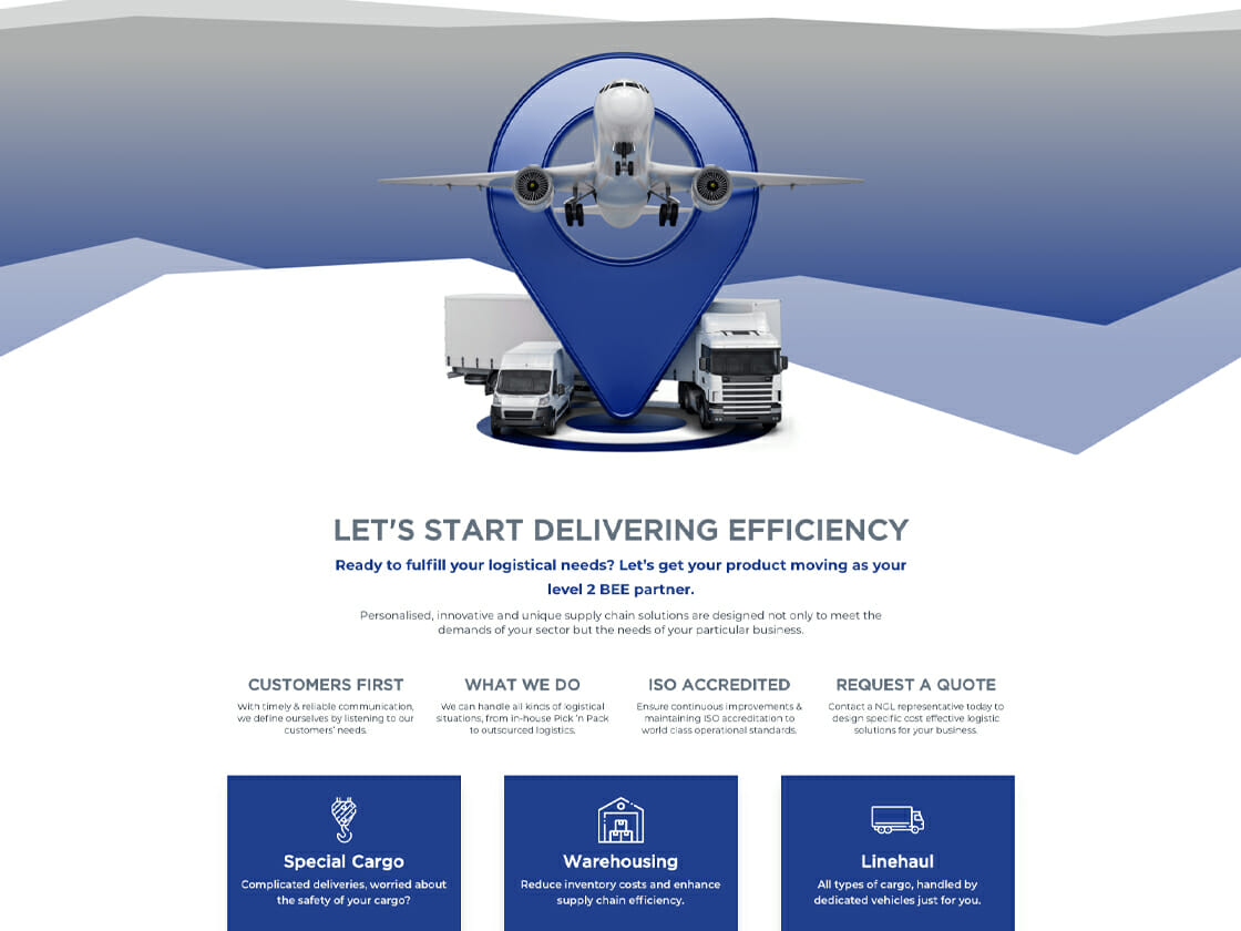 Commercial logistics company webpage featuring aerial view of an airplane, emphasizing delivery efficiency and supply chain services with customer-first values, aligned with the NGL program.