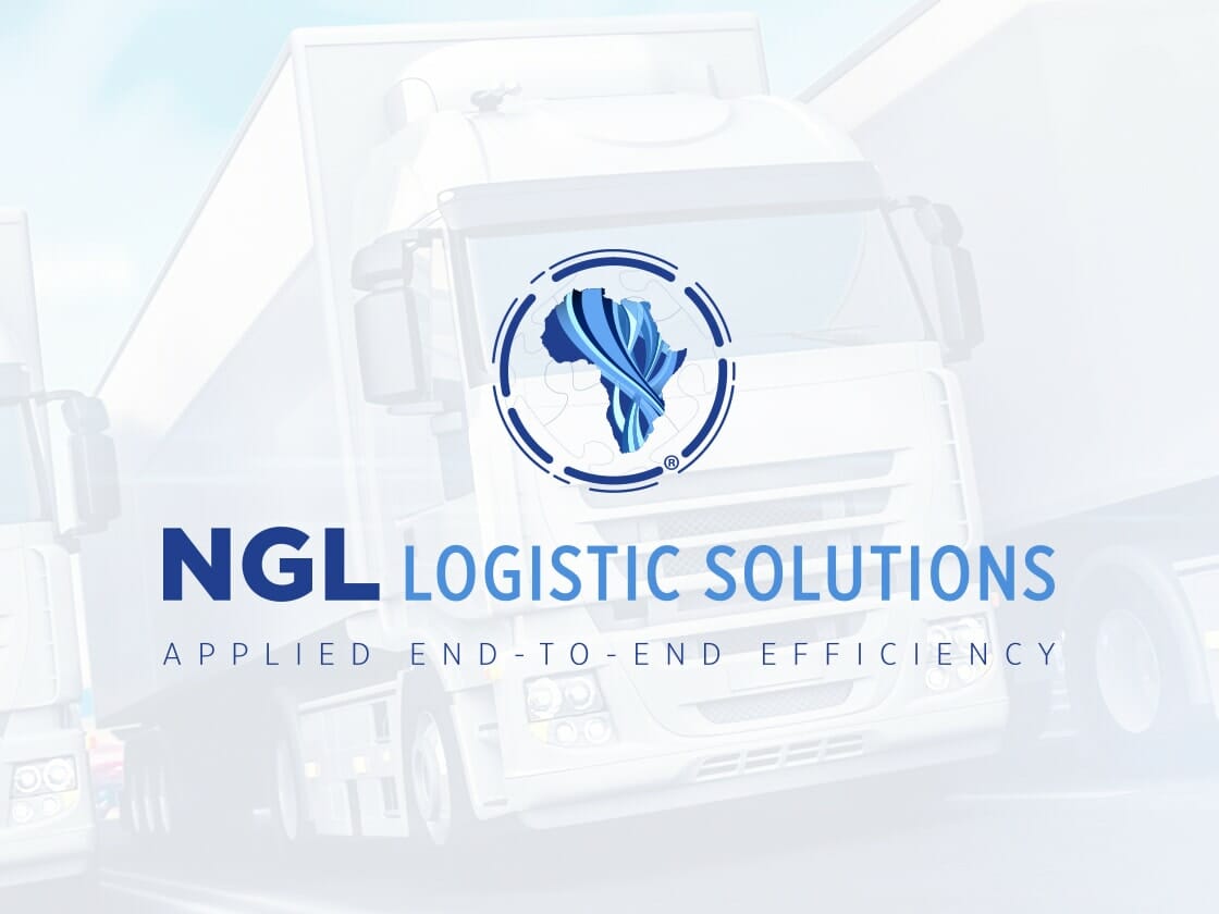 A white truck with a trailer is prominently featured in the background, slightly blurred. Overlaid on the image is the logo and text "NGL Logistics Solutions." The logo includes a stylized map and swoosh, beneath which it states "APPLIED END-TO-END EFFICIENCY" in capital letters.