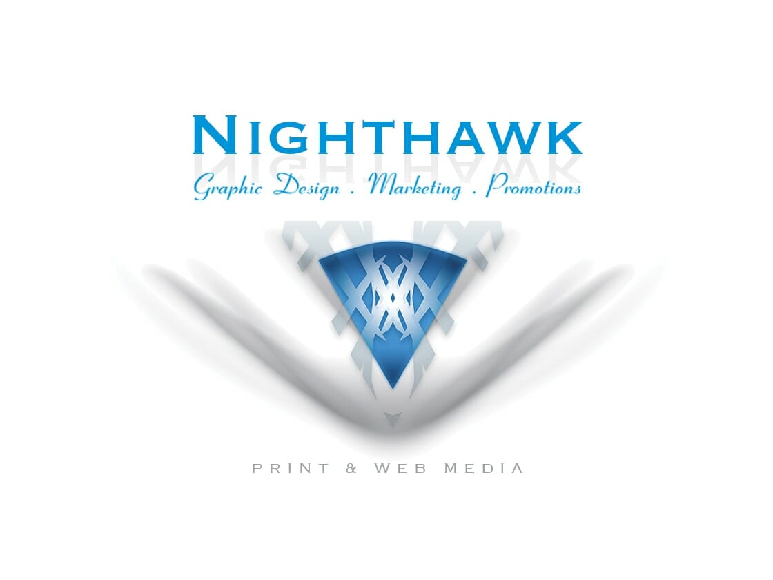 Logo of Nighthawk featuring a stylized, abstract blue and white hawk at the center. The words "Nighthawk" are in large blue text at the top. Below, the words "Graphic Design, Marketing, Promotions" are displayed in smaller blue text. "Print & Web Media" is in gray at the bottom.