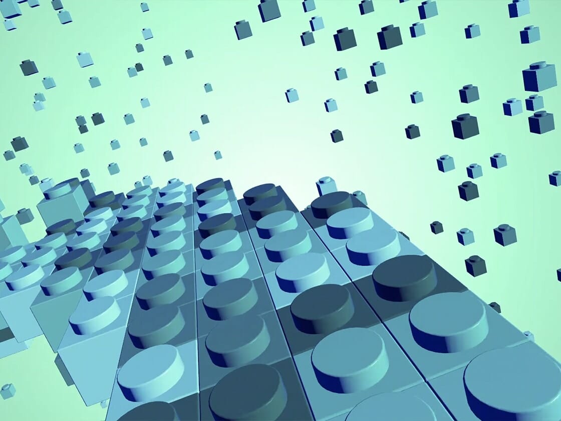 A digital rendering of a surreal landscape made of blue LEGO-like blocks against a greenish gradient background. Large blocks form a partial structure in the foreground, while smaller individual blocks appear to float away into the distance, creating a sense of depth and movement.