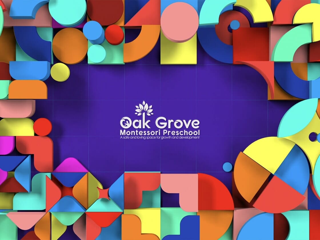 A vibrant frame of multicolored geometric shapes surrounds the center of the image. At the center, on a solid purple background, is the white logo of Oak Grove Montessori Preschool, featuring a tree icon and the tagline: "A safe and loving space for growth and development.