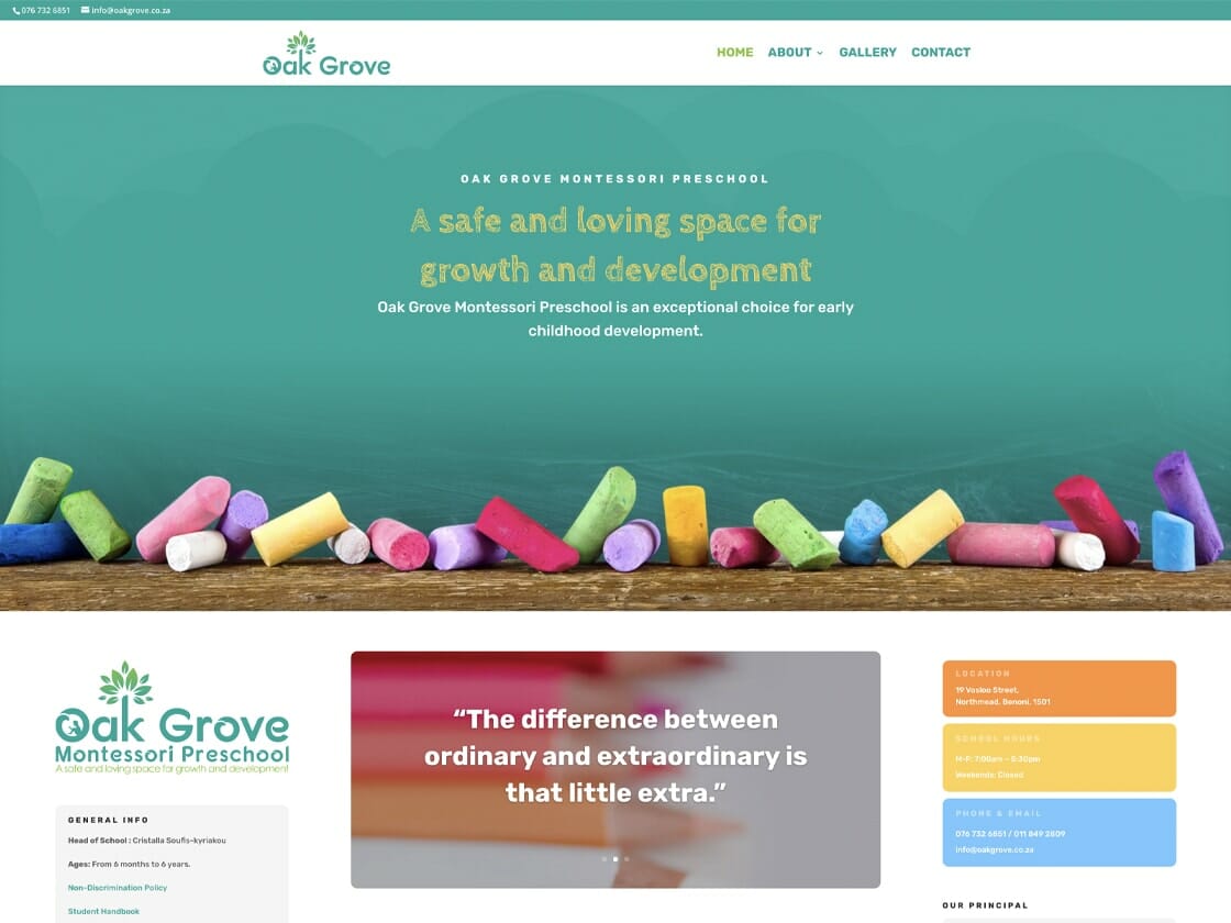 Screenshot of the Oakgrove Montessori Preschool website, featuring a teal-green header with the logo and navigation links. The main banner shows colorful chalk on a wood surface, accompanied by text promoting the preschool. Below are mission statements, a principal's address, contact details, and images of preschoolers.