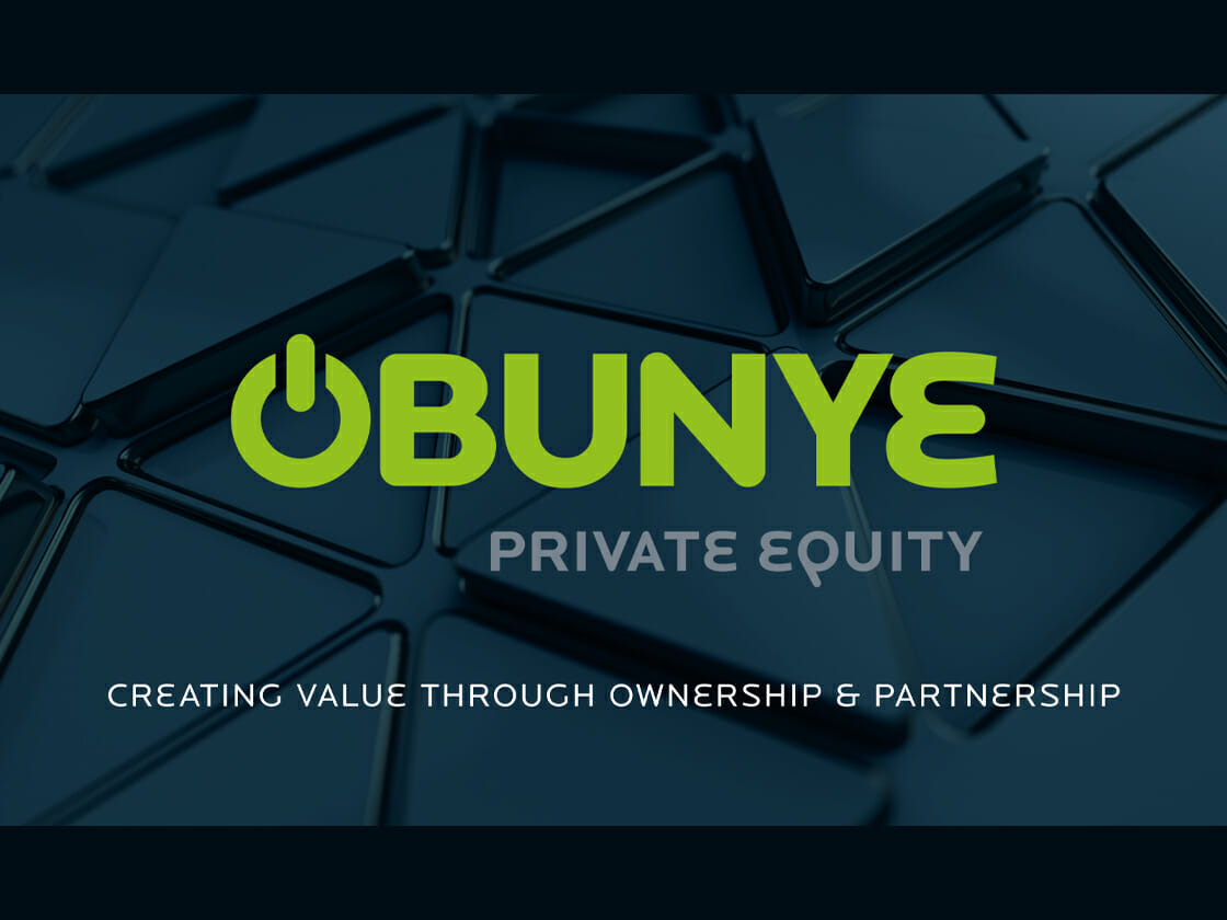 A graphic representing "Obunye private equity" featuring a logo animation and tagline against a backdrop of interconnected hexagons.