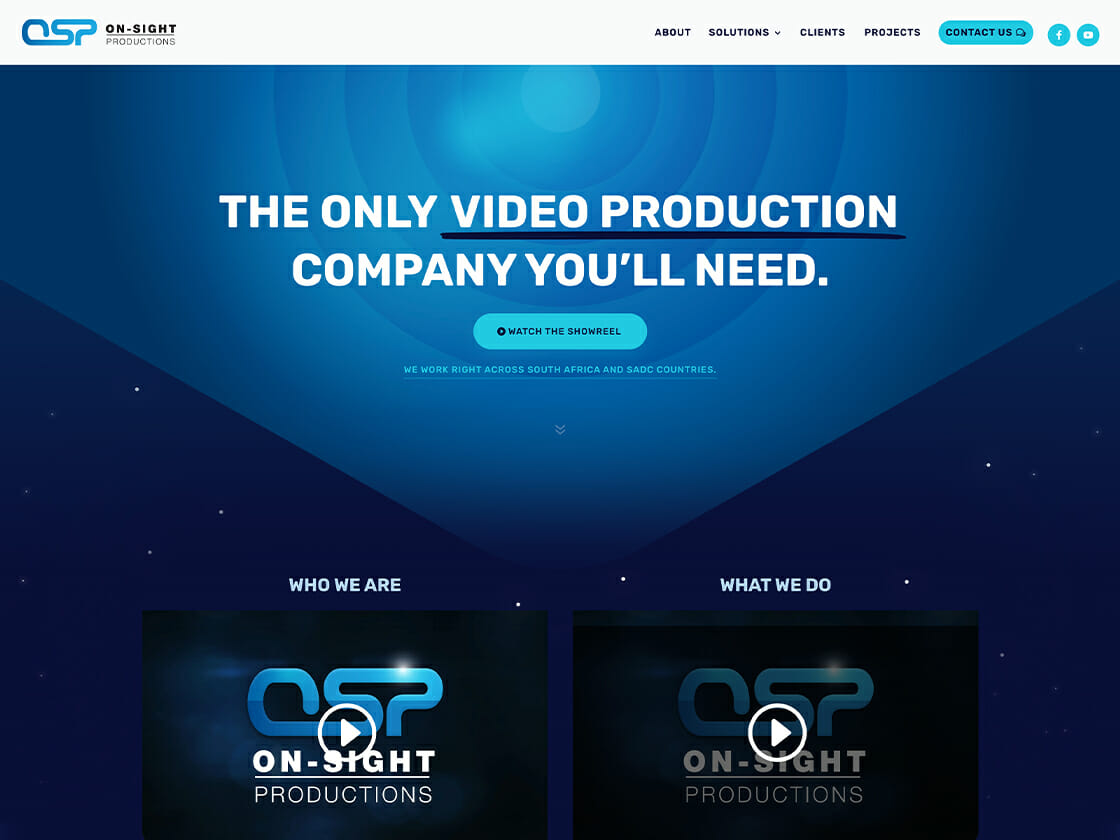 Website homepage of on-site productions featuring a slogan, navigation menu, and introductory videos.