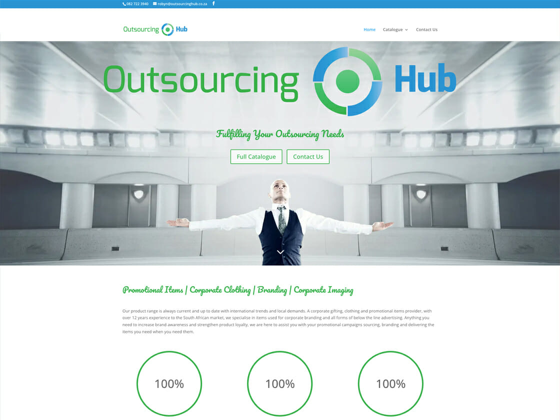 A screenshot of a corporate website titled "Outsourcing Hub," featuring a banner image with a businessman spreading his arms wide in an expansive, modern interior space.