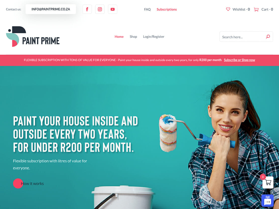 A smiling woman holding a paint roller, with promotional text offering a paint subscription service.