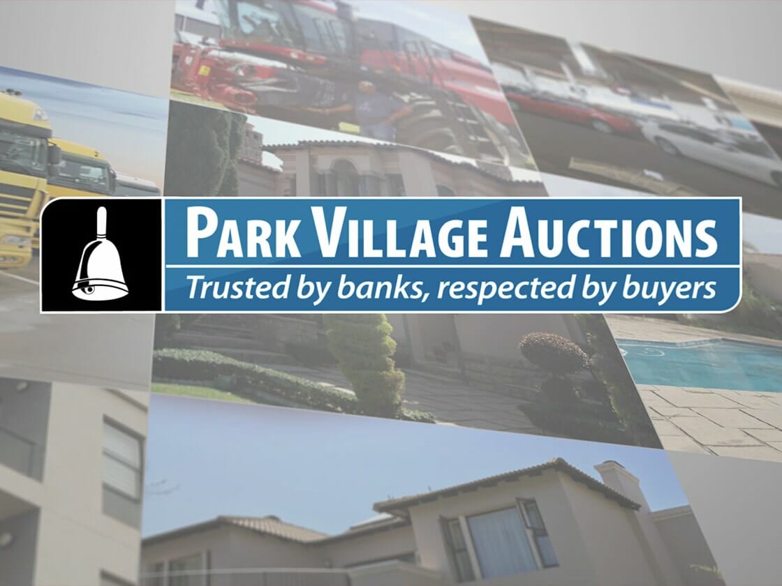 A digital banner for Park Village Auctions featuring their logo and slogan "Trusted by banks, respected by buyers" on a blue background. The background consists of various images, including vehicles, a swimming pool, and residential properties, hinting at the range of auction items available.