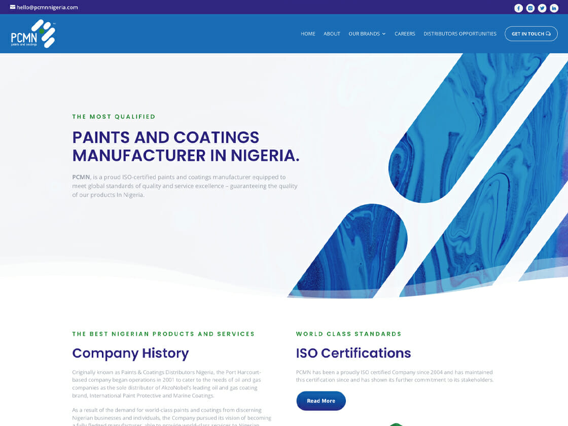 Screenshot of the PCMN website for a paint and coatings manufacturer in Nigeria, highlighting their certifications and quality assurances.