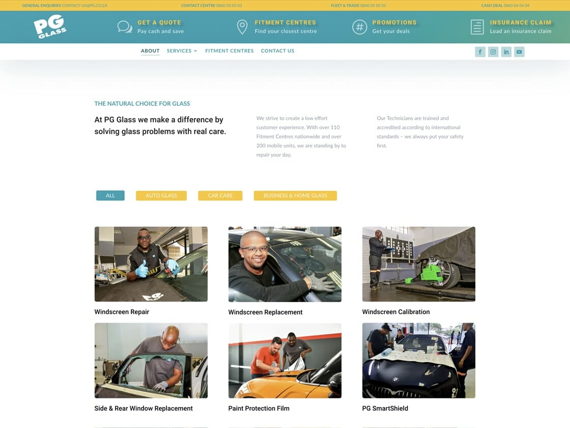The PG Glass website page displays services offered. The top section features the company logo, contact information, and a navigational menu. Below, text introduces PG Glass services with images and descriptions for Windscreen Repair, Replacement, Calibration, Side & Rear Glass Replacement, Paint Protection Film, and PG SmartShield.