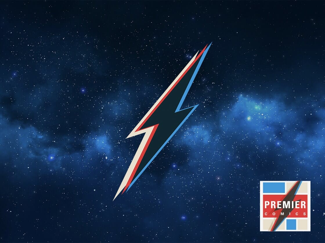 A lightning bolt with red, white, and blue colors is set against a starry night sky. In the bottom-right corner, there is a logo with red, white, blue, and black colors displaying the text "PREMIER COMICS.