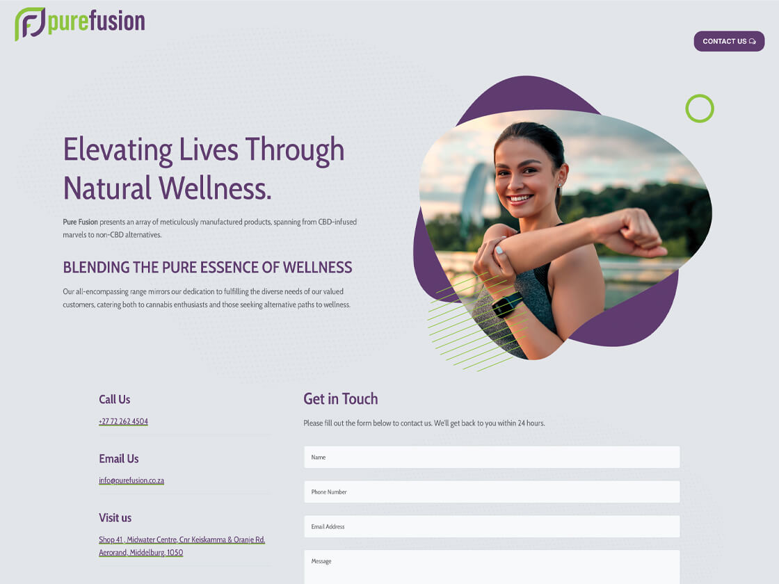 A smiling woman stretching outdoors on a health and wellness website page.