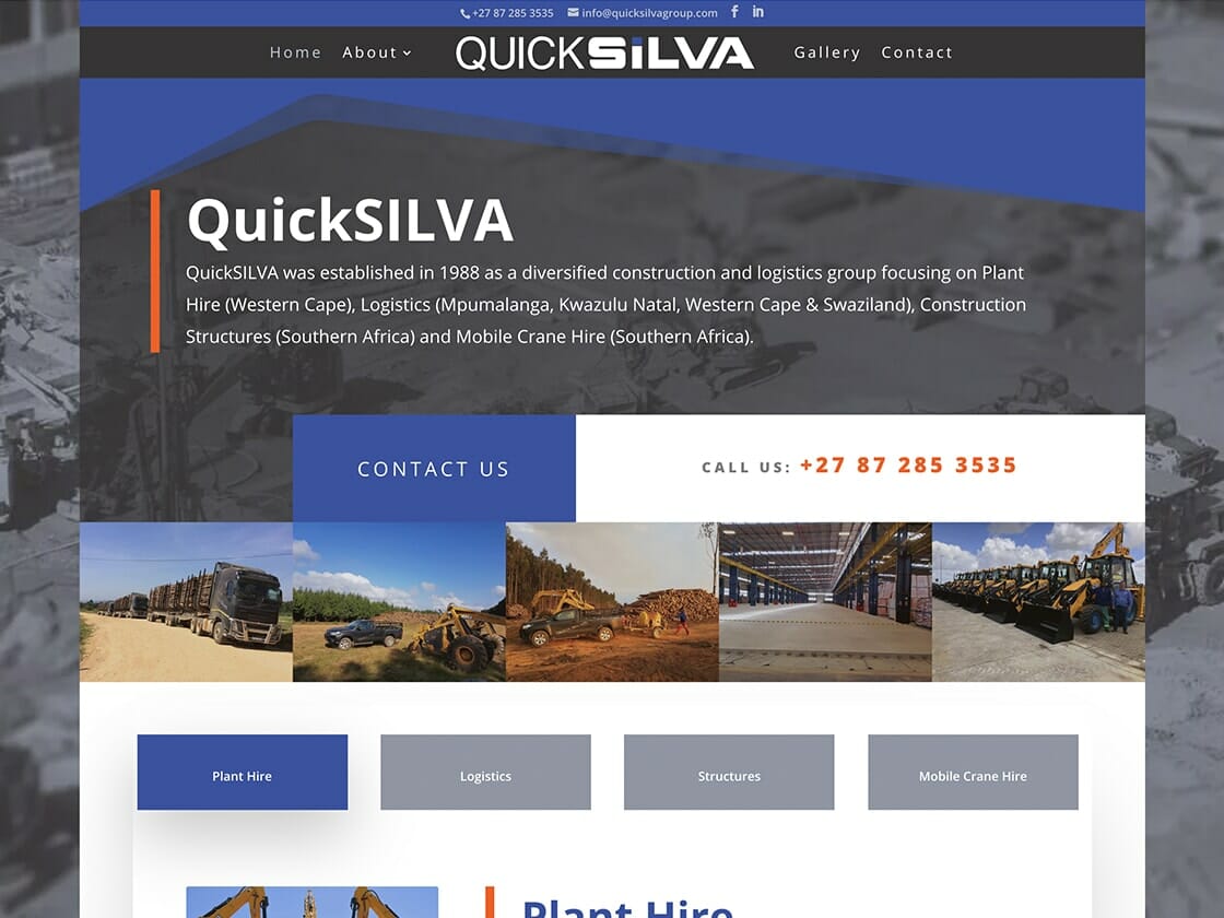Screenshot of QuickSILVA's homepage. The header includes the company's name, contact number, and email. Main section highlights the 1988 establishment, focusing on plant hire and construction logistics. Images feature construction equipment with a prominently displayed contact number on the website.
