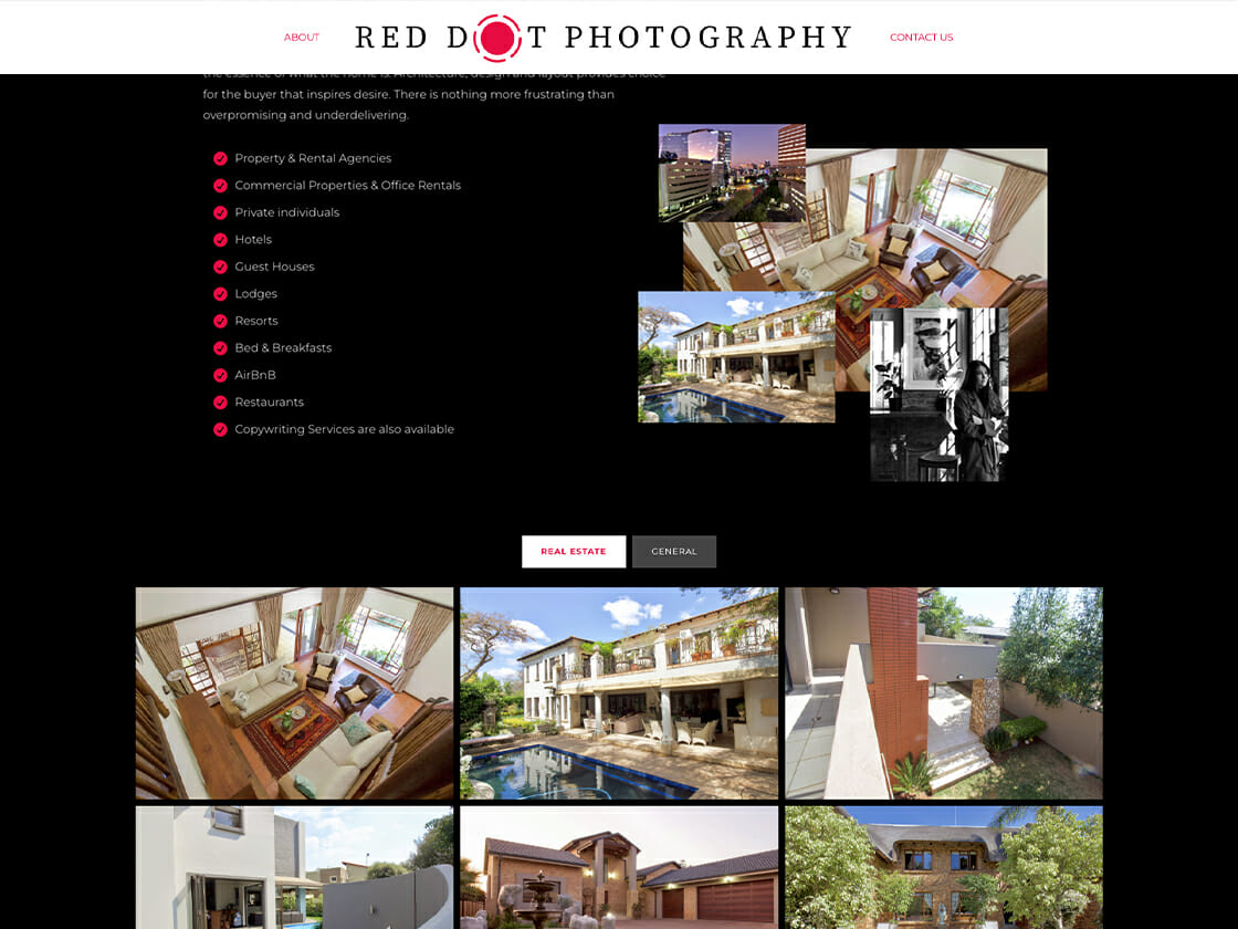 A screenshot of the Red Dot Photography website showcasing a list of services and various property images.