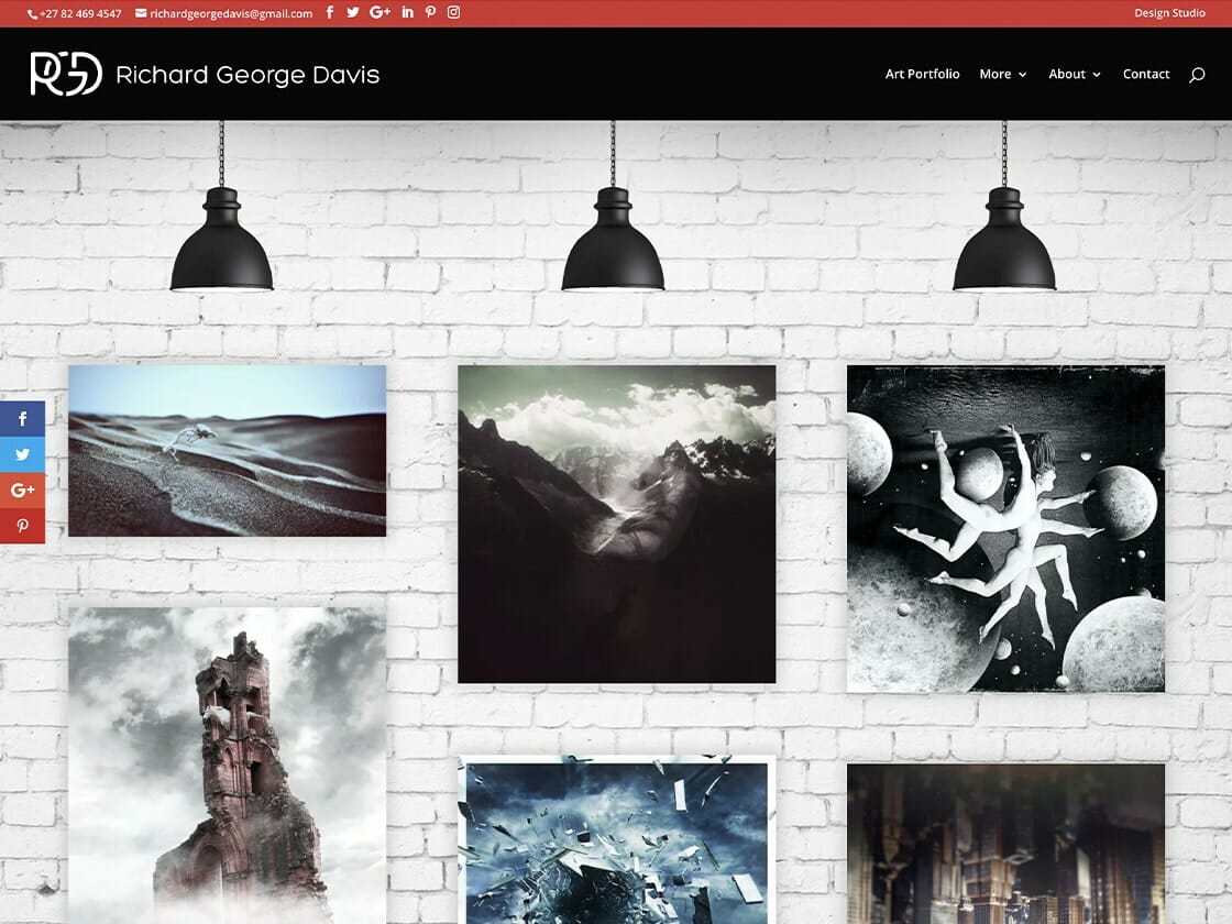 The RGD Art website features the portfolio of Richard George Davis. The header includes contact information and social media icons, set against a white brick wall with hanging lights above. Various surreal and abstract artworks are displayed on the wall, creating a captivating visual experience.