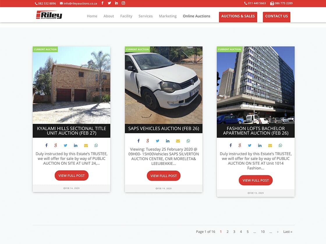 Screenshot of Riley Auctions website featuring three listings for upcoming auctions with dates: a sectional title unit at Kyalami Hills on February 27, a SAPS vehicles auction on February 26, and a Fashion Lofts bachelor apartment auction on February 28. Contact information and site navigation are visible.