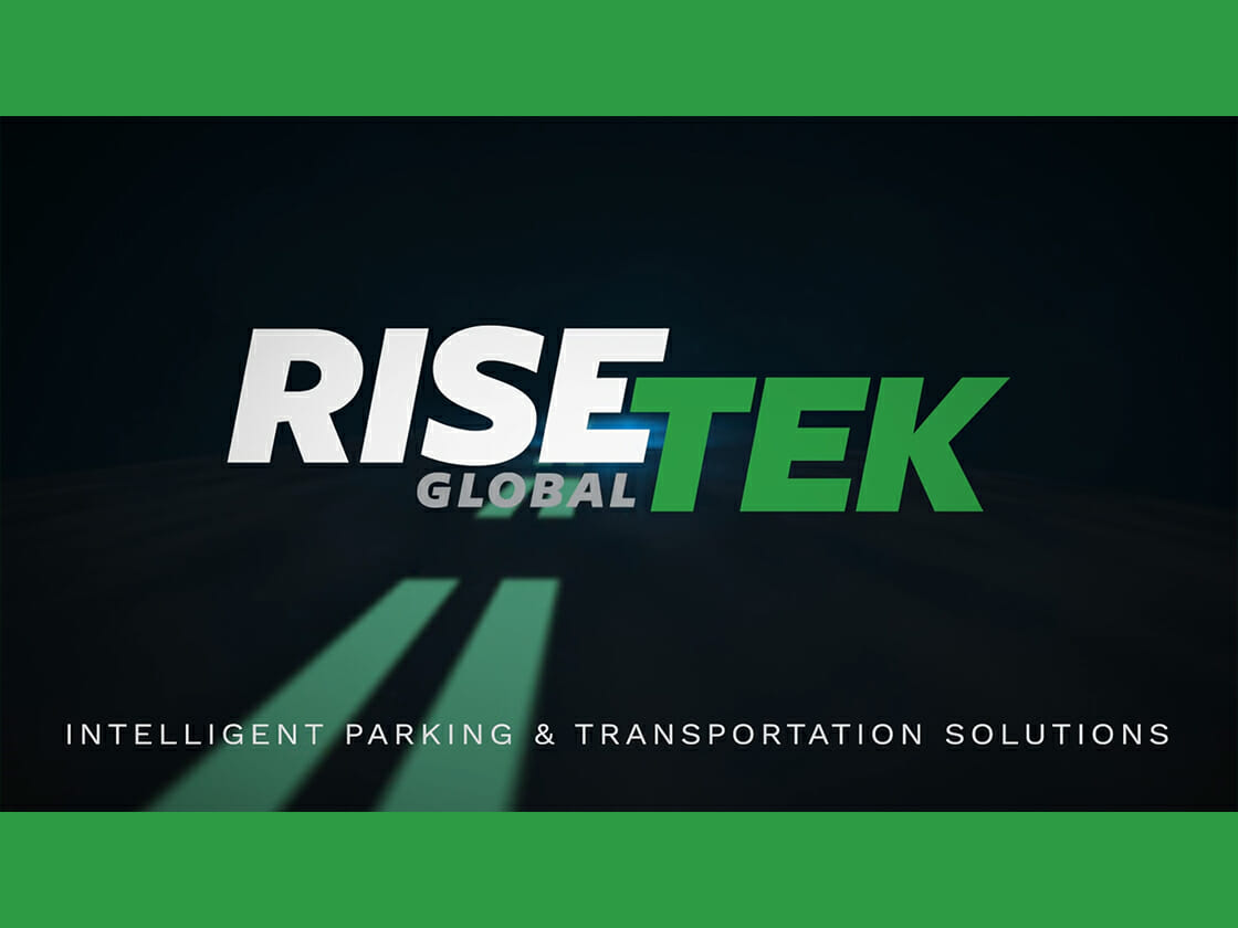 Risetek Global logo with the tagline 'intelligent parking & transportation solutions' on a dark background with stylized road titles.