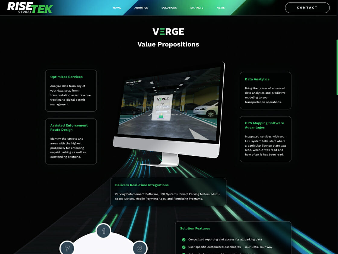 Website interface for a technology company called Risetek Global, featuring their value proge product, with an emphasis on real-time data integration and various technological services such as analytics and advanced mapping.