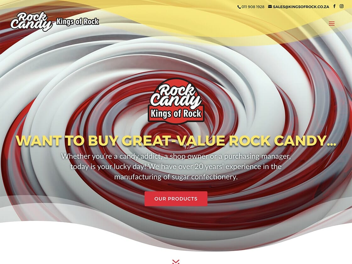 Website homepage for Rock Candy, Kings of Rock, featuring a swirling red, white, and yellow candy-themed background. The central text promotes purchasing great value rock candy and highlights the company's 20+ years of experience in sugar confectionery. A red button labeled "Our Products" is below.