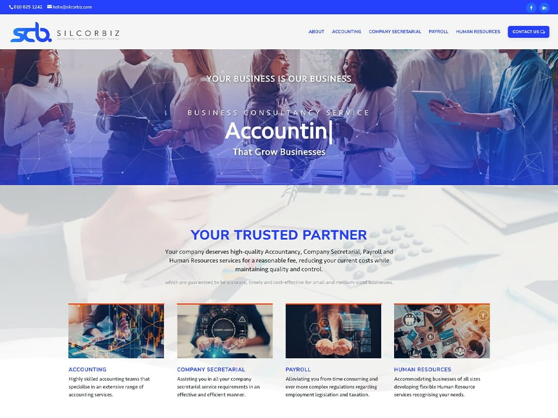 Web page design for an accounting firm showcasing their services such as tax consultation, payroll, and human resources with images of professionals in the background.