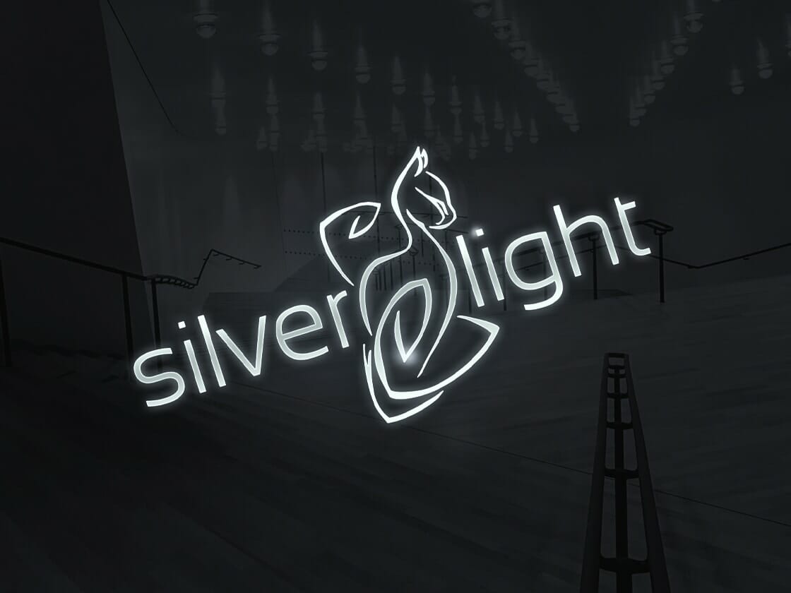 A neon sign with the text "silver light" glows white against a dimly lit, abstract background. The words are stylized with a sleek, modern font. An elegant, abstract swan design intertwines with the text, enhancing the sophisticated and artistic feel of the sign.
