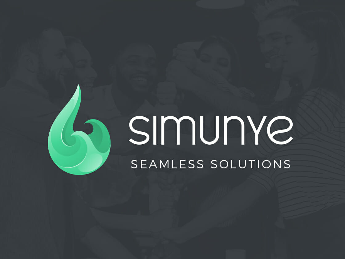 Group of smiling individuals celebrating teamwork, with the Simunye logo and tagline 'simunye - seamless solutions'.