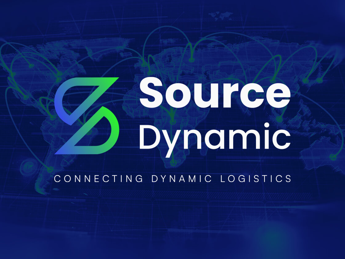 Corporate logo for "source dynamics" with the tagline "connecting dynamic logistics" against a background featuring a world map and network lines.