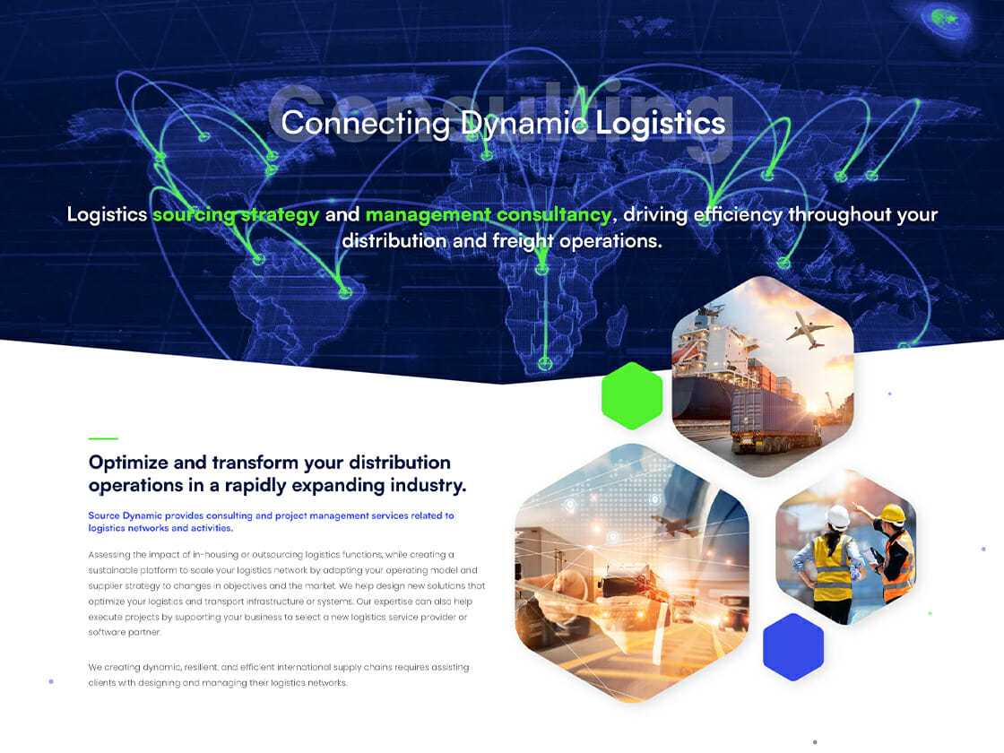 Global logistics concept with graphic overlays emphasizing connectivity and the management of distribution, freight operations, and dynamic website source.