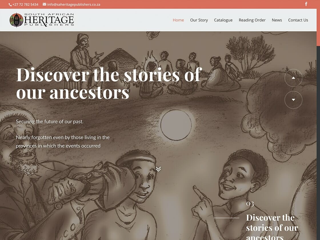 A website page from South African Heritage Publishers features an illustrated background of historical scenes and people, with text overlay reading "Discover the stories of our ancestors." Navigation links at the top include Home, Catalogue, Reading Order, News, and Contact Us. Contact details are at the top.